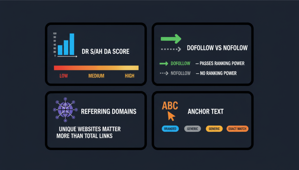backlink quality metrics explained — domain rating referring domains dofollow anchor text guide
