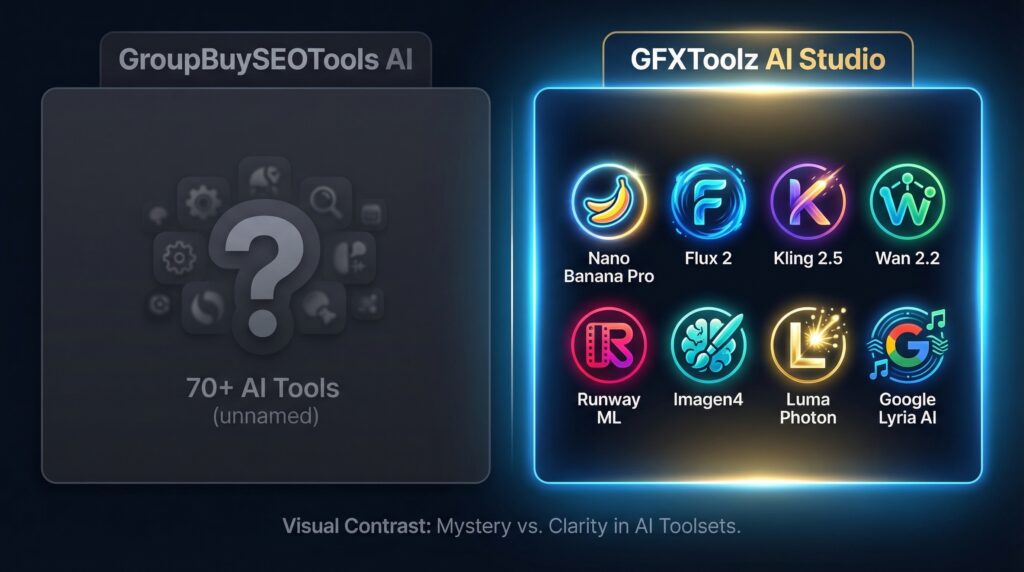GFXToolz AI Studio named models vs GroupBuySEOTools unnamed AI tools comparison