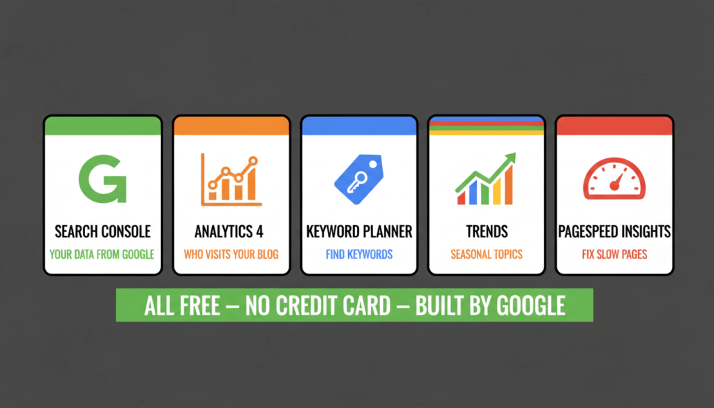 5 free Google SEO tools for bloggers — Search Console Analytics Keyword Planner Trends PageSpeed