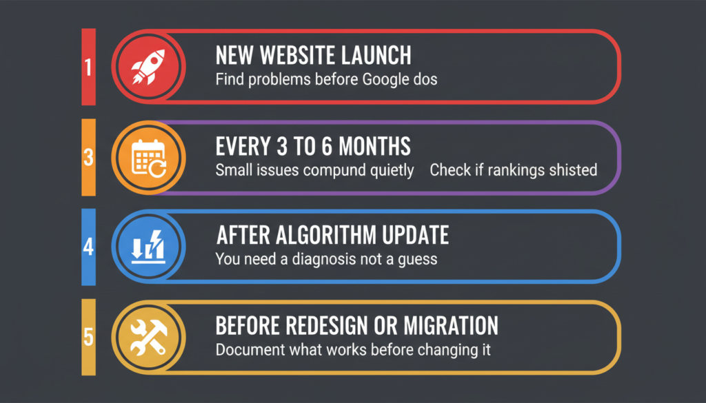 when to run an seo audit — 5 trigger situations website audit tutorial 2026