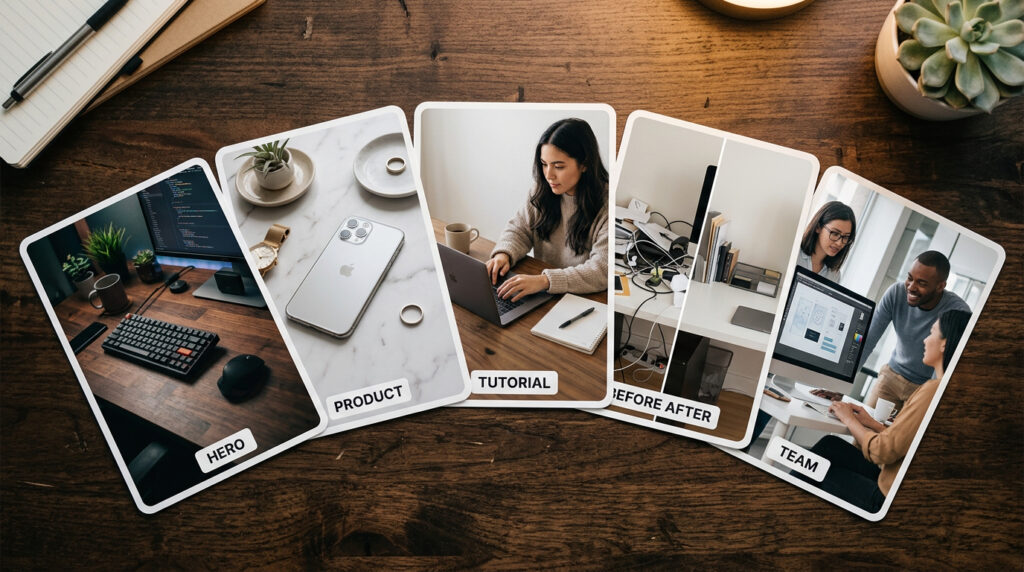 5 photorealistic image types with flux AI image generator — hero product tutorial comparison team