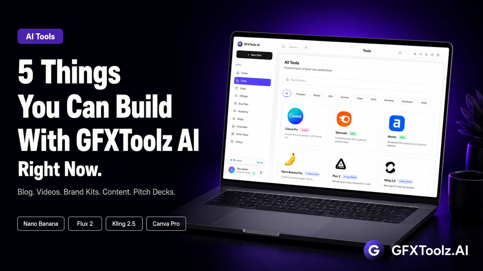 5 projects you can build with GFXToolz AI tools in 2026 — blog posts, product videos, brand kits, social media content and client pitch decks starting at ₹846/month on GFXToolz.AI