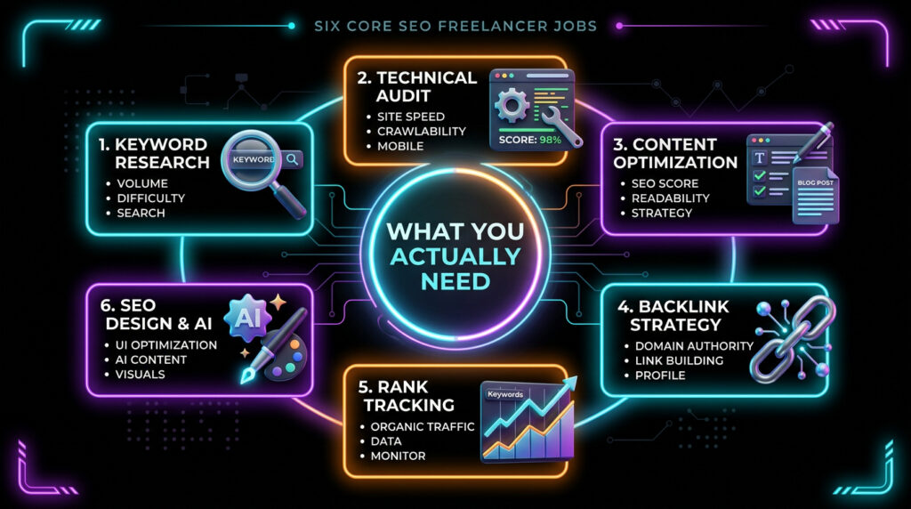 6 jobs SEO tools for freelancers must cover — keyword research audit content backlinks tracking design