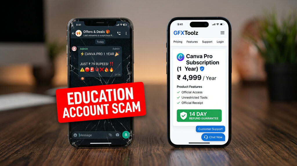Canva Pro reseller scam warning India — GFXToolz legitimate vs education account sellers