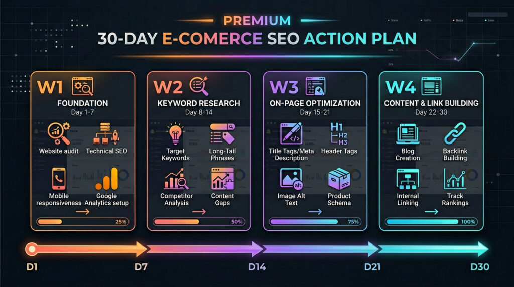ecommerce seo 30 day action plan 2026 — week by week guide to rank online store India