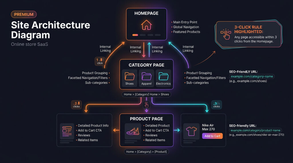 ecommerce site architecture 2026 — 3 click rule category product page hierarchy for SEO