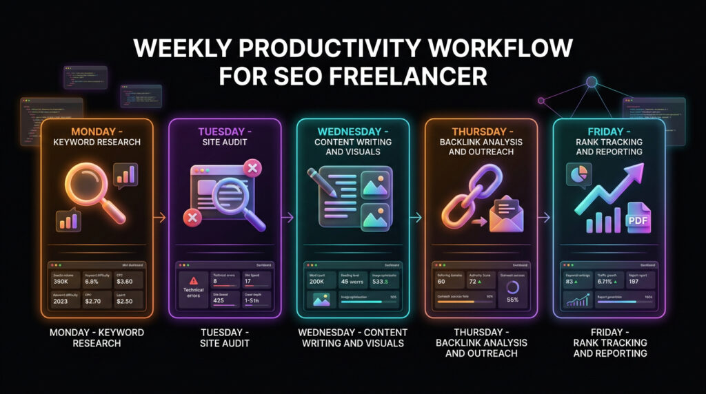 freelancer seo weekly workflow 2026 — how to use seo tools across a working week
