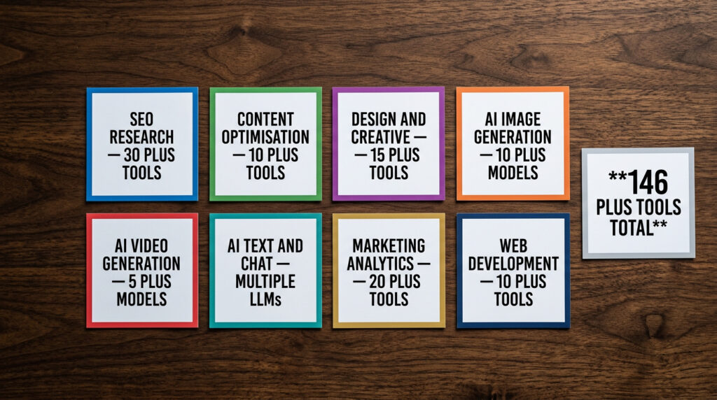 GFXToolz 146 tools breakdown by category — SEO design AI image video content tools