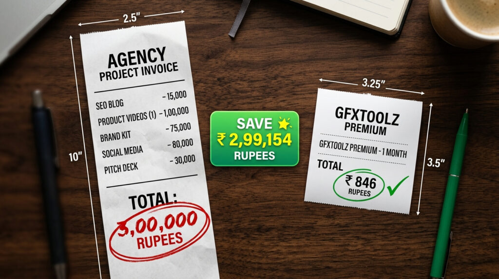 GFXToolz AI tools total cost comparison — 5 projects for 846 rupees vs 3 lakh traditional cost