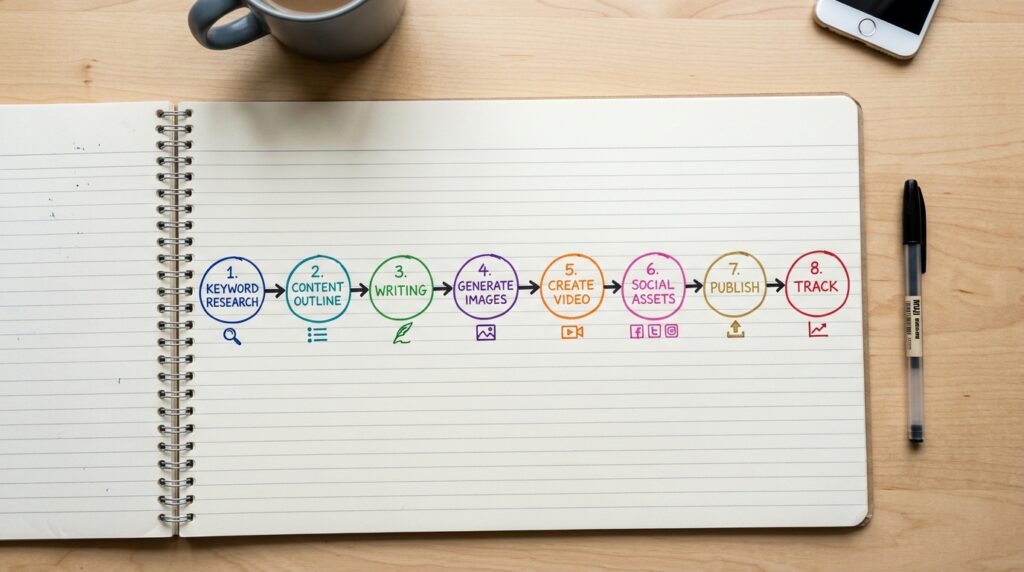 GFXToolz AI Studio content pipeline 2026 — 8 step workflow from keyword research to ranking