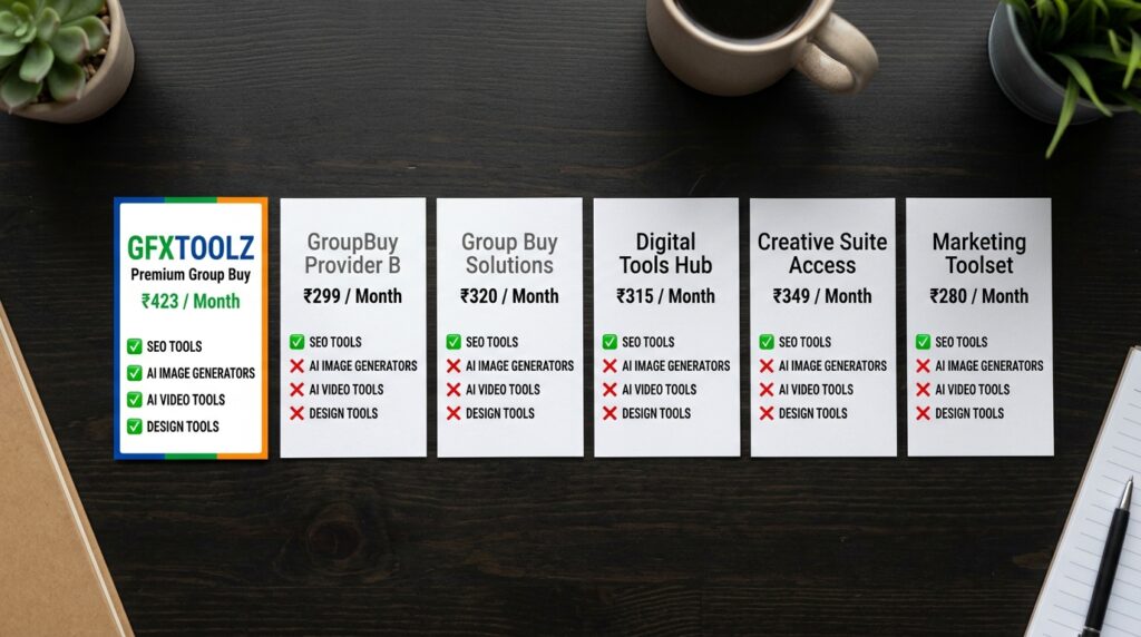 GFXToolz pricing vs Indian group buy providers — only platform with AI and design tools included