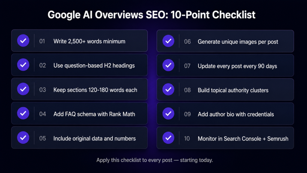 10-point Google AI Overviews SEO optimization checklist for 
2026 — covering content length, FAQ schema, topical authority, 
unique images and Search Console monitoring