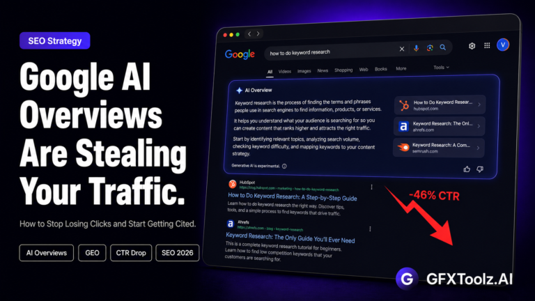 Google AI Overviews SEO 2026 — How to stop losing organic traffic and start getting cited in AI-generated search summaries, with tools available on GFXToolz.AI