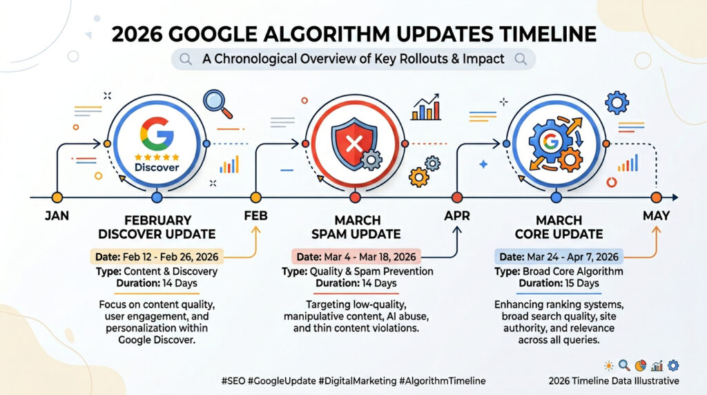 google algorithm update 2026 timeline — February Discover update March spam update March core update