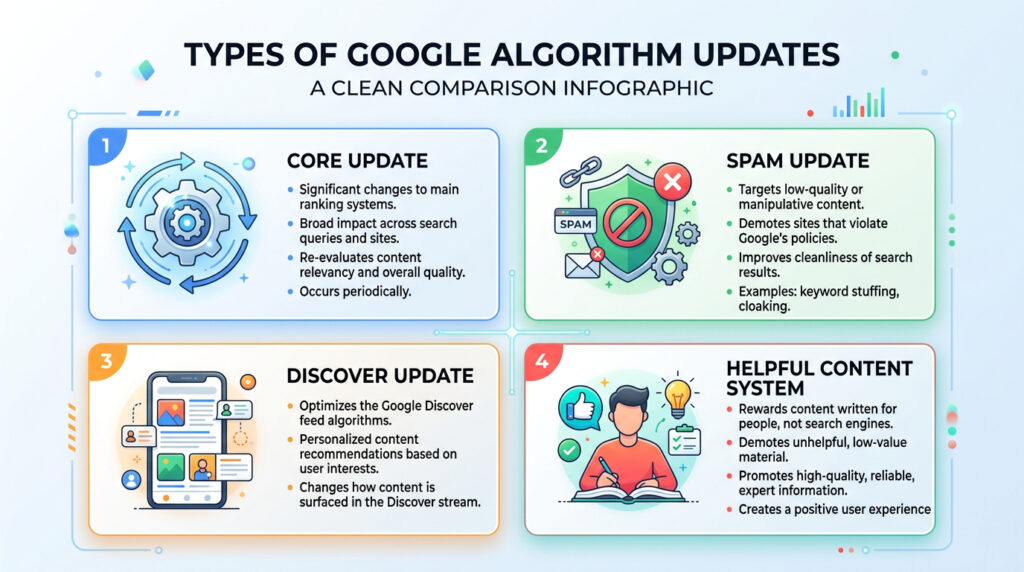 google algorithm update types 2026 explained — core spam helpful content product reviews discover