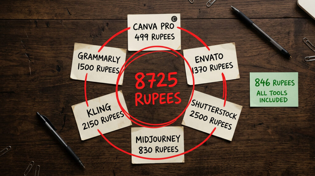 graphic designer tool subscription cost India — 8725 rupees separate vs 846 rupees GFXToolz