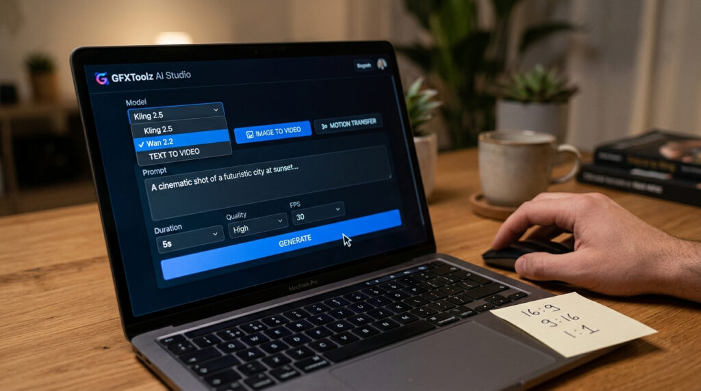 how to access wan 2.2 AI video on GFXToolz — model selector AI Studio setup guide 2026