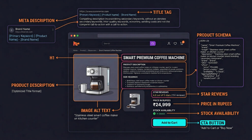 product page seo optimization 2026 — title tag meta description schema checklist for ecommerce