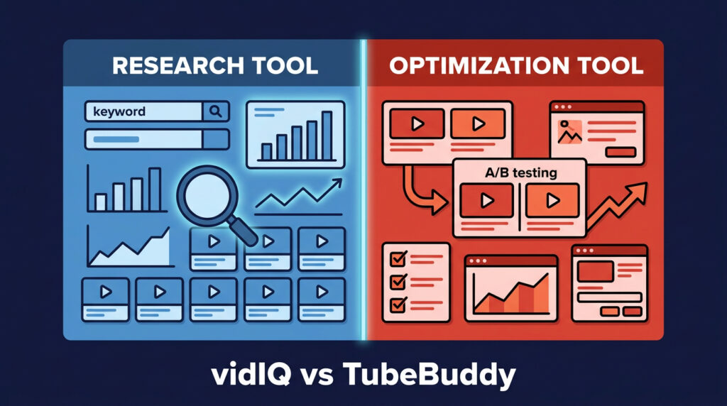 vidIQ vs TubeBuddy comparison — research tool vs testing tool for YouTube SEO 2026