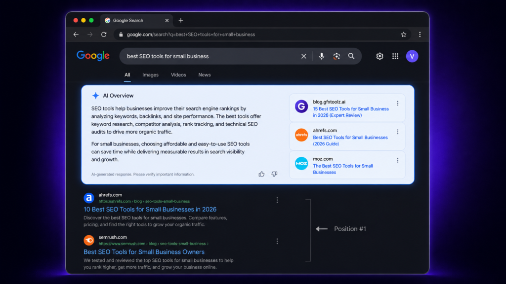 Google AI Overview appearing above organic search results for 
an SEO query in 2026, showing how AI summaries push organic 
results below the fold