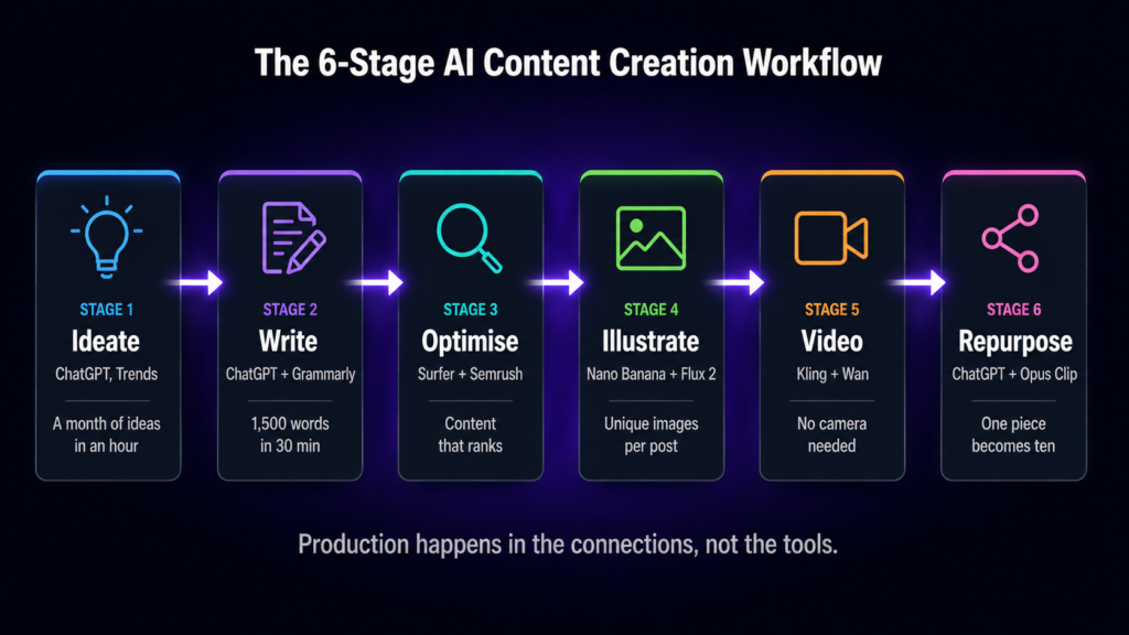 The 6-stage AI content creation workflow 2026 — ideate, 
write, optimise, illustrate, video and repurpose, with the 
tools for each stage available through GFXToolz
