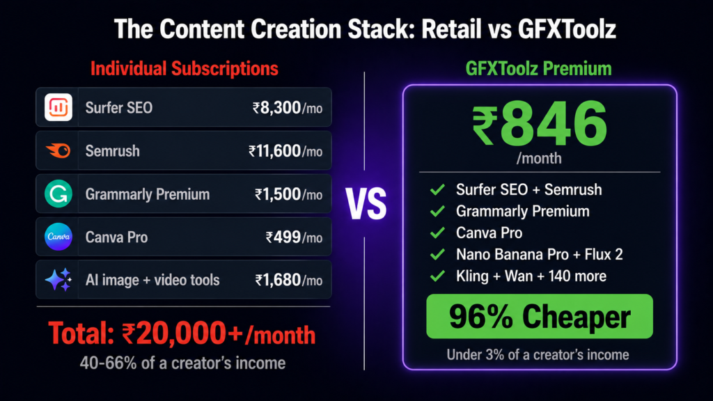 AI content creation tool stack cost comparison 2026 — retail 
subscriptions total over ₹20,000/month versus GFXToolz Premium 
at ₹846/month including Surfer, Semrush, Canva Pro and AI Studio