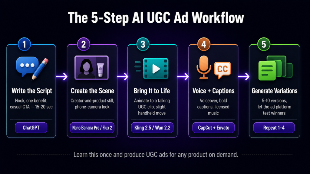 The 5-step AI UGC ad workflow with GFXToolz — write the script, 
create the scene with Nano Banana Pro, animate with Kling 2.5, 
add voice and captions, then generate variations to test
