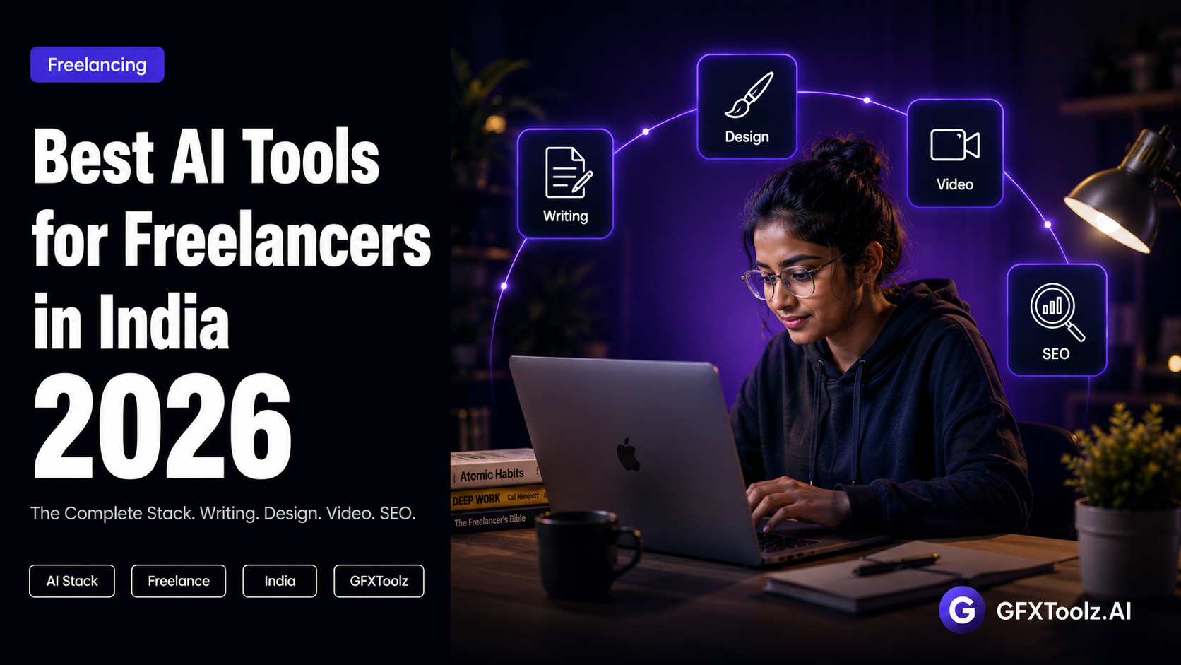 Best AI tools for freelancers in India 2026 — the complete stack for writing, design, video and SEO services, available through GFXToolz from ₹423/month on GFXToolz.AI