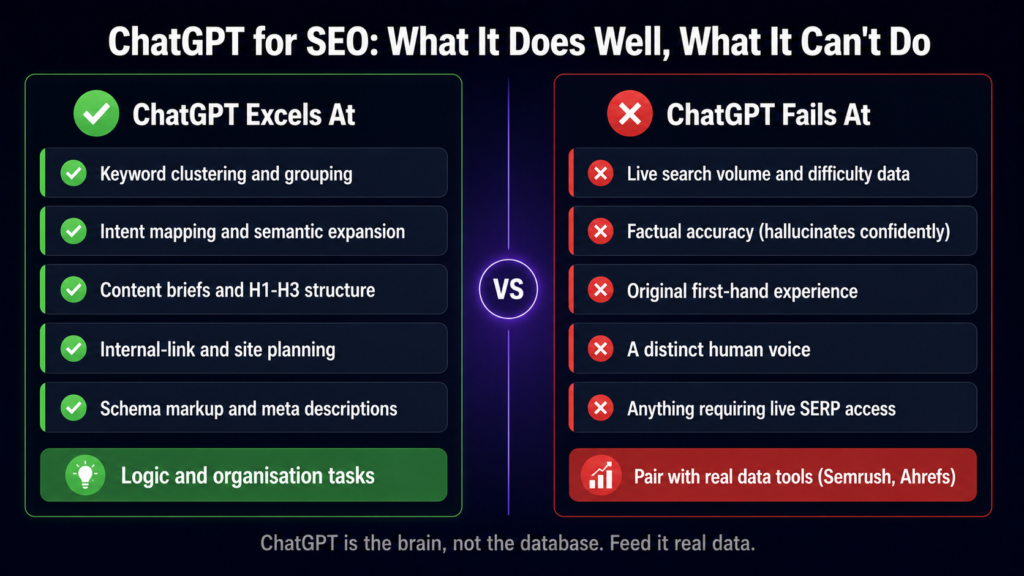 What ChatGPT can and cannot do for SEO in 2026 — excellent at
keyword clustering, briefs and schema, but cannot provide live
search data and hallucinates statistics, so pair it with
Semrush and Ahrefs