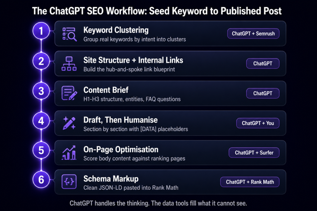 The 6-step ChatGPT SEO workflow 2026 — keyword clustering,
site structure, content brief, draft and humanise, on-page
optimisation and schema markup, from seed keyword to published
post