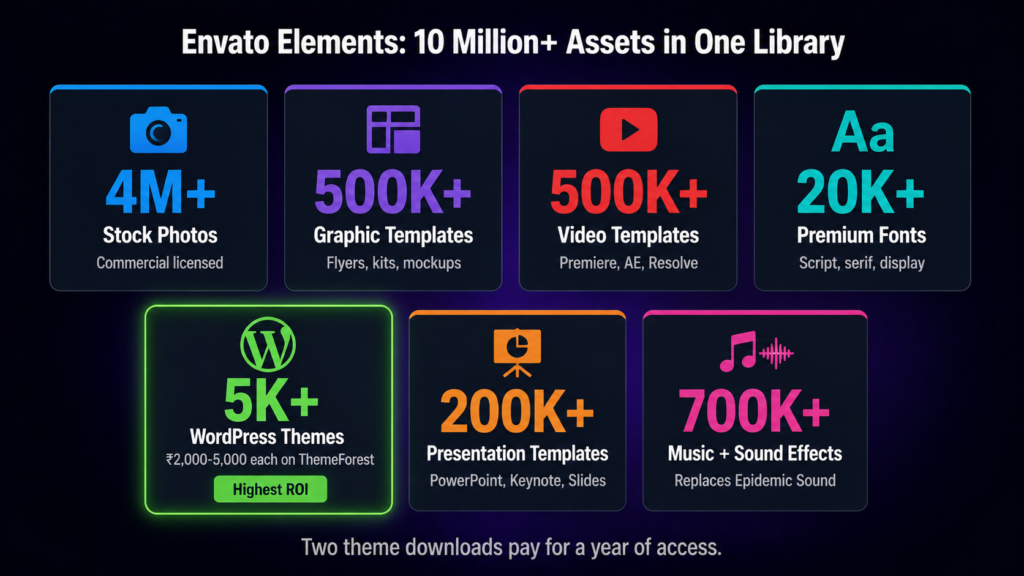 Envato Elements library breakdown — 4M+ stock photos, 500K+ 
graphic and video templates, 20K+ fonts, 5K+ WordPress themes, 
200K+ presentations and 700K+ audio assets with commercial 
licensing