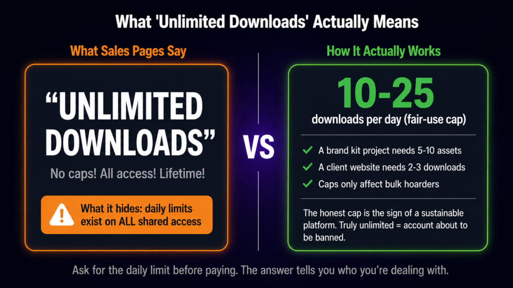 Envato Elements group buy download limits explained — 
"unlimited downloads" marketing versus the reality of 10-25 
daily fair-use caps that exist on all shared access platforms