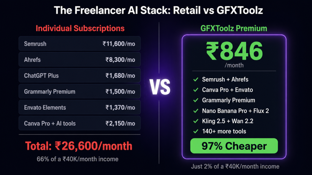Freelancer AI stack cost comparison India 2026 — retail 
subscriptions total ₹26,600/month versus GFXToolz Premium 
at ₹846/month including Semrush, Canva Pro, AI Studio and 
140+ tools
