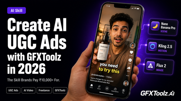 How to create AI UGC ads with GFXToolz in 2026 — the skill brands pay ₹10,000+ for, built with Nano Banana Pro, Flux 2 and Kling 2.5 in the GFXToolz AI Studio
