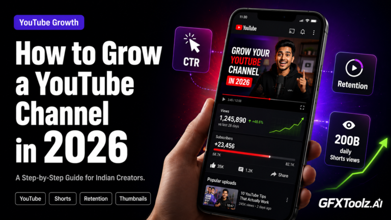 How to grow a YouTube channel in 2026 — a step-by-step guide for Indian creators covering the algorithm, Shorts funnel, thumbnails and retention, with production tools from GFXToolz