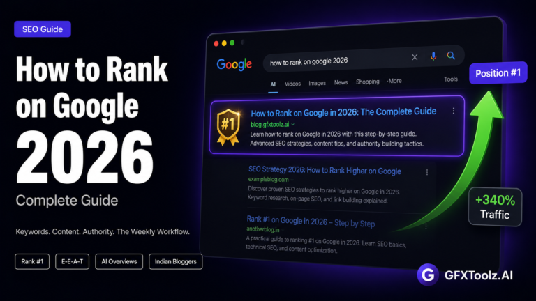 How to rank on Google 2026 — complete step-by-step guide for Indian bloggers covering keywords, E-E-A-T, AI Overviews and the weekly SEO workflow, with tools from GFXToolz.AI