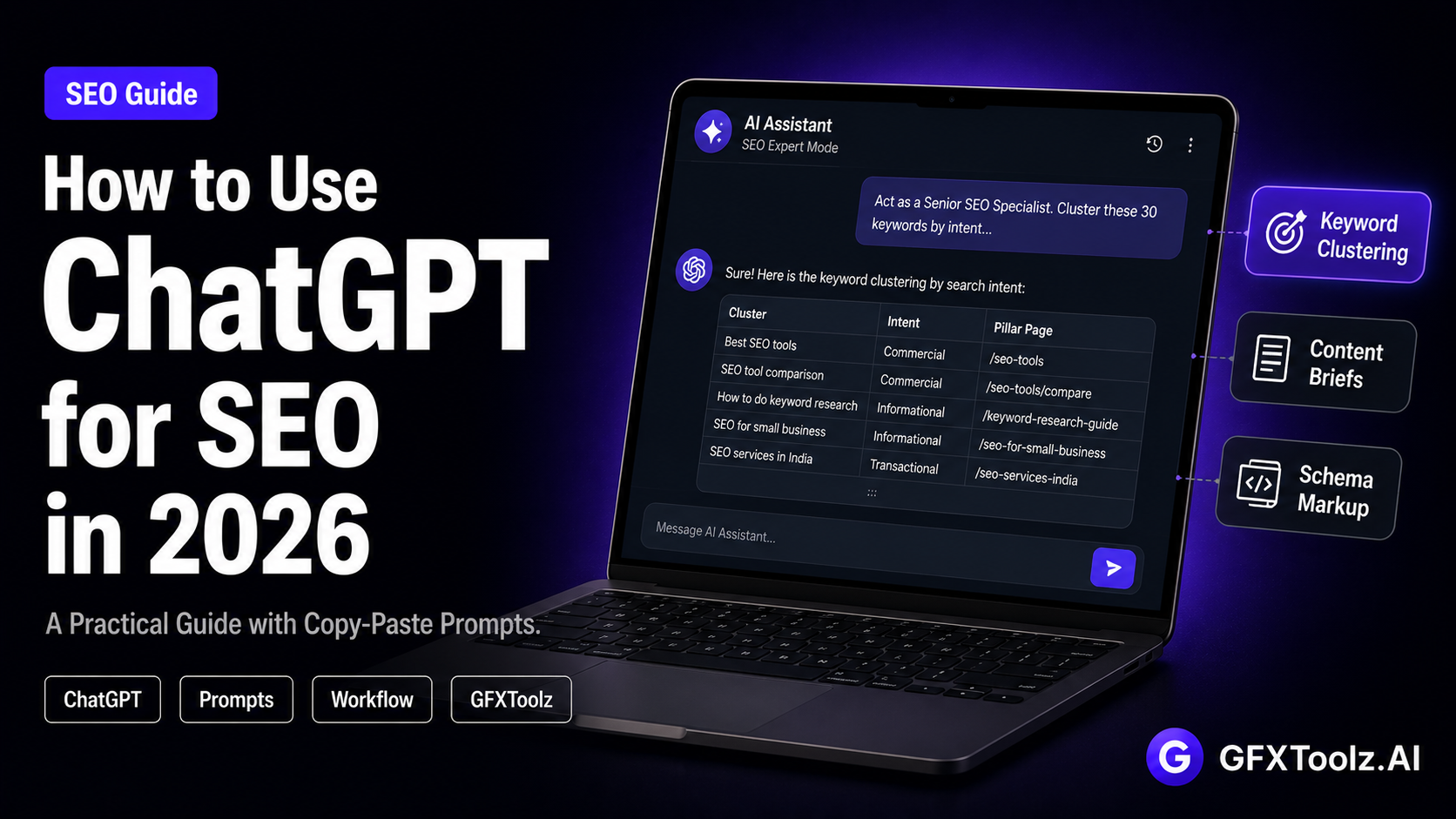 How to use ChatGPT for SEO in 2026 — a practical guide with copy-paste prompts for keyword clustering, content briefs and schema, paired with Semrush on GFXToolz from ₹423/month