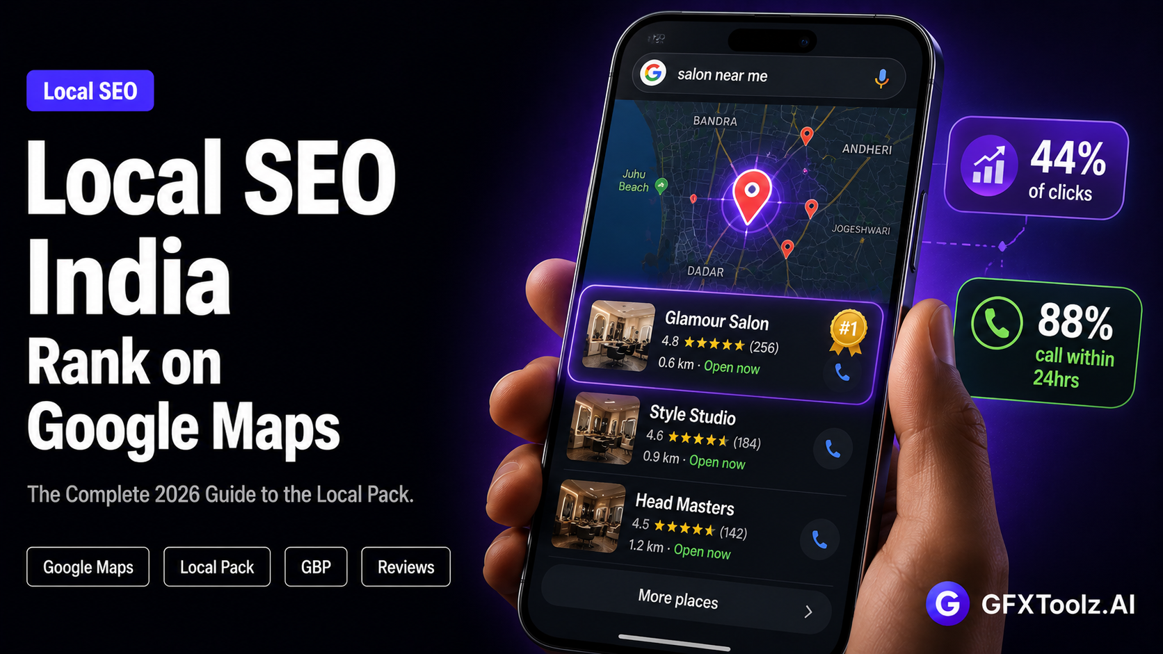Local SEO India 2026 — the complete guide to ranking in the Google Maps Local Pack, which takes 44% of clicks, with tools from GFXToolz from ₹423/month