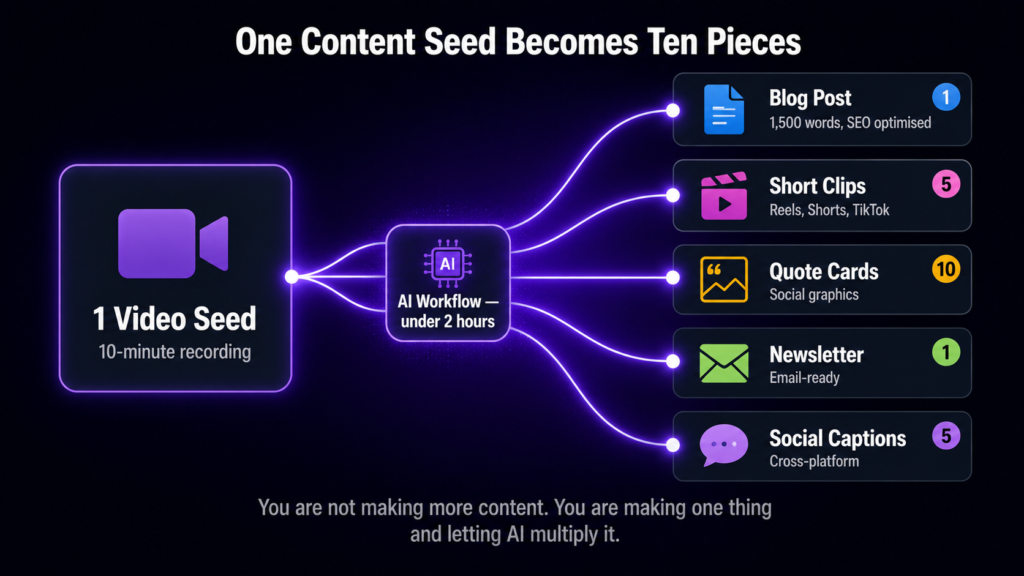 AI content repurposing workflow 2026 — one 10-minute video 
seed becomes a blog post, five short clips, ten quote cards, 
a newsletter and five social captions in under two hours