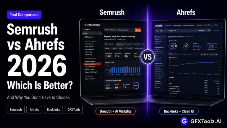 Semrush vs Ahrefs 2026 — head-to-head comparison of the two leading SEO tools, with both available together through GFXToolz from ₹423/month instead of choosing one