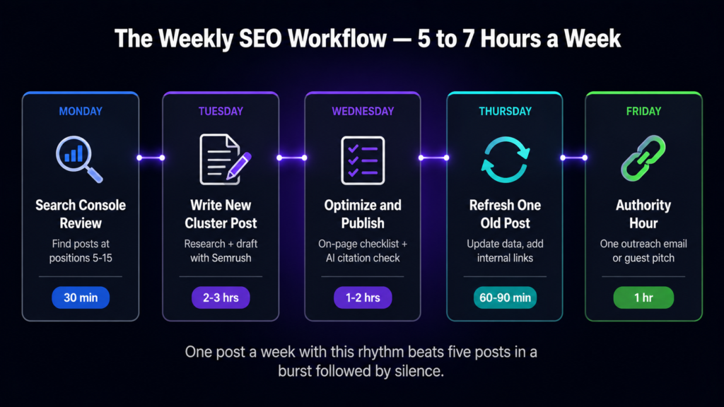 Weekly SEO workflow to rank on Google 2026 — Monday Search 
Console review, Tuesday-Wednesday new cluster post, Thursday 
content refresh, Friday authority outreach, 5-7 hours total