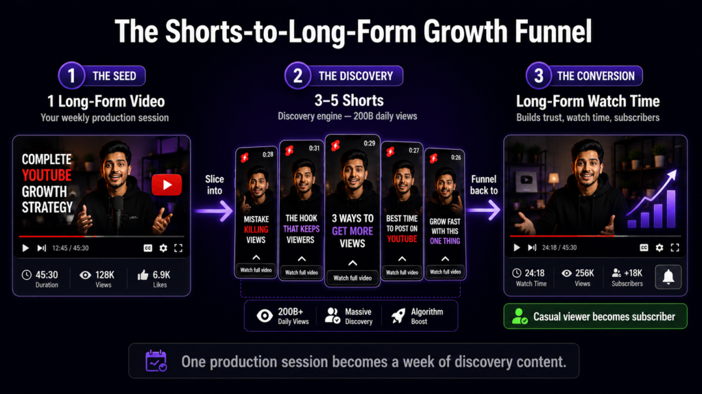 The Shorts-to-long-form YouTube growth funnel for 2026 — 
slice one long video into 3 to 5 Shorts for discovery, then 
funnel viewers back to long-form videos that build watch time 
and subscribers