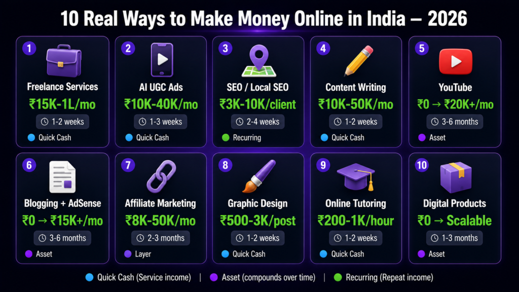 10 real ways to make money online in India 2026 with honest 
earnings — freelancing, AI UGC ads, SEO, content writing, 
YouTube, blogging, affiliate, design, tutoring and digital 
products