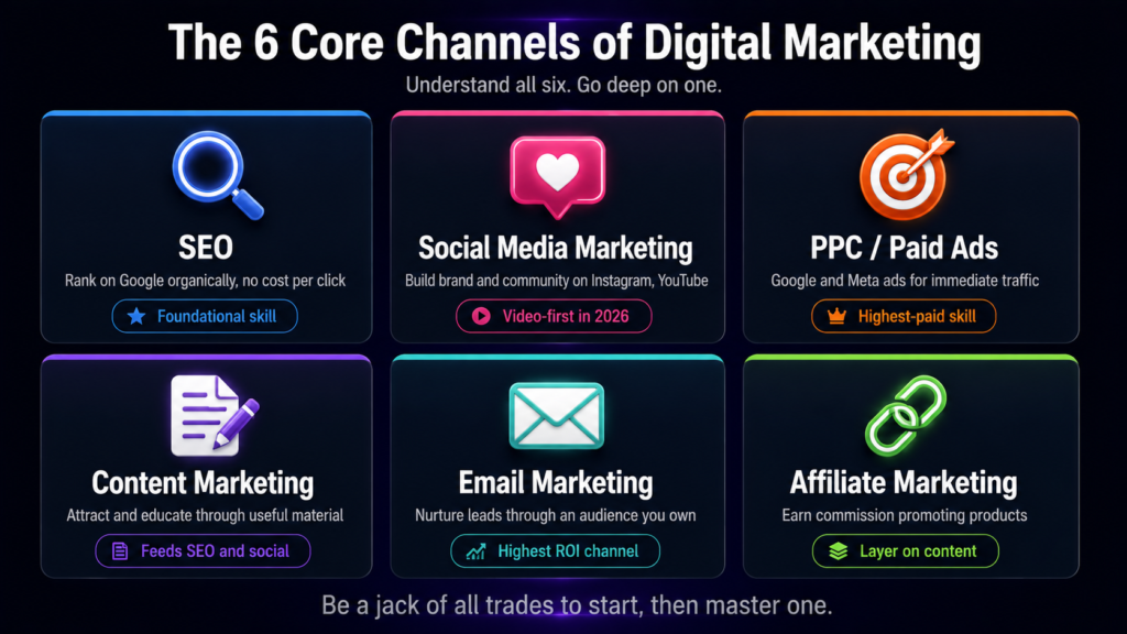 The 6 core channels of digital marketing for beginners 2026 — 
SEO, social media marketing, paid ads, content marketing, email 
marketing and affiliate marketing explained