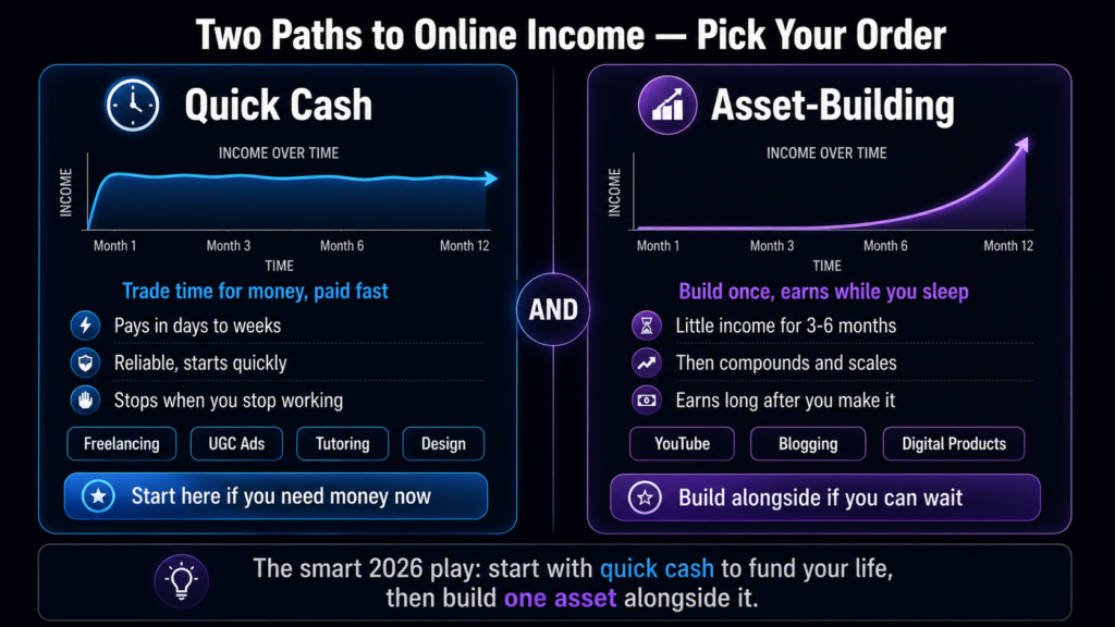 Two paths to online income in India 2026 — quick cash methods 
pay fast but stop when you stop, while asset-building methods 
compound over time, and the smart play runs both in order